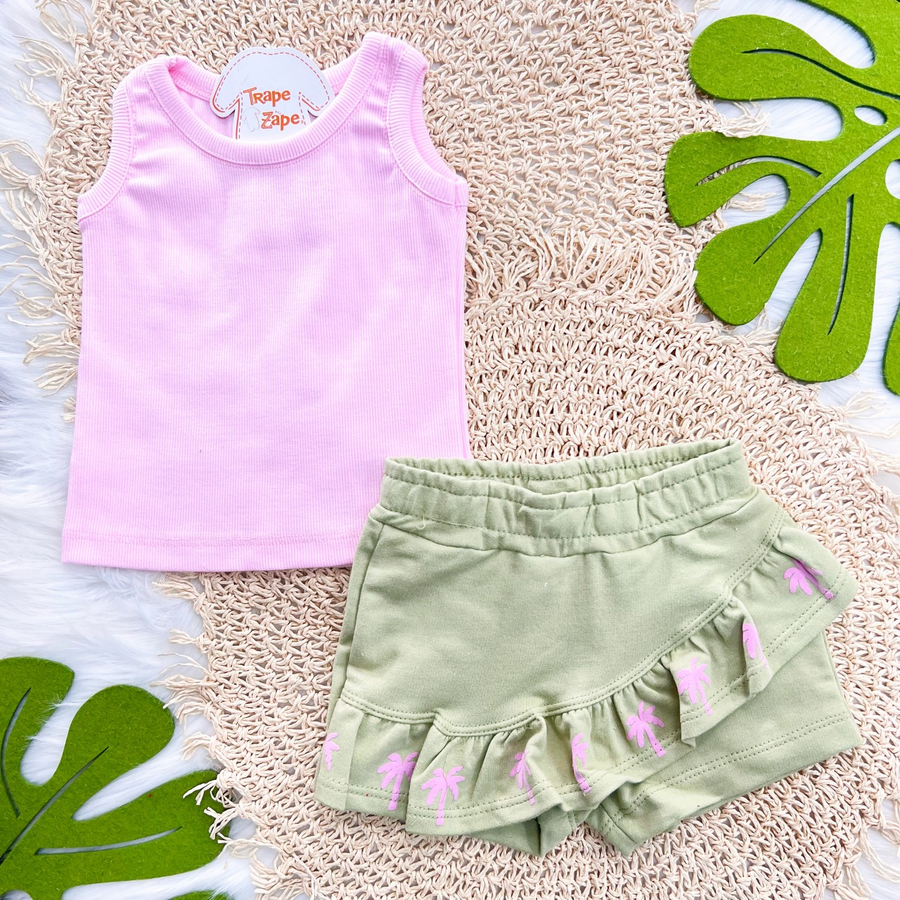 Conj. Regata Canelada e Short Saia Coqueiros - Rosa e Verde